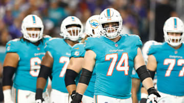 MIAMI GARDENS, FLORIDA - NOVEMBER 11: Liam Eichenberg #74 of the Miami Dolphins looks on against the Baltimore Ravens at Hard Rock Stadium on November 11, 2021 in Miami Gardens, Florida. (Photo by Michael Reaves/Getty Images)