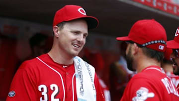 Jul 24, 2016; Cincinnati, OH, USA; Cincinnati Reds right fielder Jay Bruce (32) shakes hands with shortstop Jose Peraza (9) prior to a game with the Arizona Diamondbacks at Great American Ball Park. Mandatory Credit: David Kohl-USA TODAY Sports
