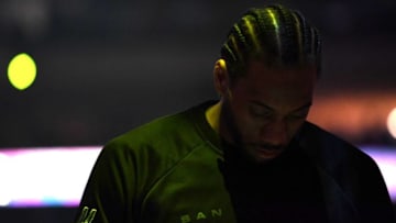 OAKLAND, CA - MAY 14: Kawhi Leonard #2 of the San Antonio Spurs stands during player introductions prior to Game One of the NBA Western Conference Finals against the Golden State Warriorsc at ORACLE Arena on May 14, 2017 in Oakland, California. NOTE TO USER: User expressly acknowledges and agrees that, by downloading and or using this photograph, User is consenting to the terms and conditions of the Getty Images License Agreement. (Photo by Thearon W. Henderson/Getty Images)