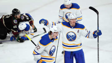 Dec 17, 2022; Tempe, Arizona, USA; Buffalo Sabres center Tage Thompson (72) celebrates his goal against the Arizona Coyotes during the third period at Mullett Arena. Mandatory Credit: Joe Camporeale-USA TODAY Sports