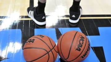 Mar 27, 2015; Syracuse, NY, USA; A view of NCAA basketballs before the game between the Louisville Cardinals and the North Carolina State Wolfpack in the semifinals of the east regional of the 2015 NCAA Tournament at Carrier Dome. Mandatory Credit: Mark Konezny-USA TODAY Sports