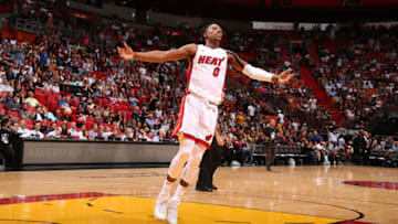 Josh Richardson #0 of the Miami Heat reacts during a game against the Detroit Pistons (Photo by Issac Baldizon/NBAE via Getty Images)