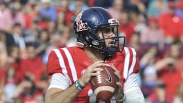 Nov 5, 2016; Oxford, MS, USA; Mississippi Rebels quarterback Chad Kelly (10) drops back to pass against Georgia Southern Eagles during the first half at Vaught-Hemingway Stadium. Mandatory Credit: Justin Ford-USA TODAY Sports