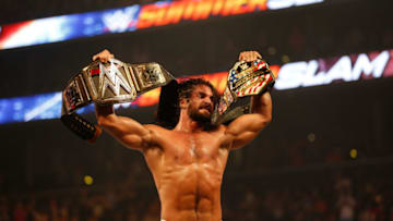 NEW YORK, NY - AUGUST 23: Seth Rollins celebrates his victory over John Cena at the WWE SummerSlam 2015 at Barclays Center of Brooklyn on August 23, 2015 in New York City. (Photo by JP Yim/Getty Images)