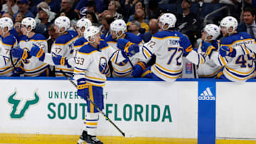 Nov 5, 2022; Tampa, Florida, USA;Buffalo Sabres left wing Jeff Skinner (53) celebrates after scoring a goal against the Tampa Bay Lightning during the third period at Amalie Arena. Mandatory Credit: Kim Klement-USA TODAY Sports