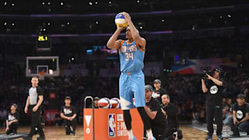 LOS ANGELES, CA - FEBRUARY 17: Tobias Harris #34 of the Los Angeles Clippers competes in the 2018 JBL Three-Point Contest at Staples Center on February 17, 2018 in Los Angeles, California. (Photo by Kevork Djansezian/Getty Images)