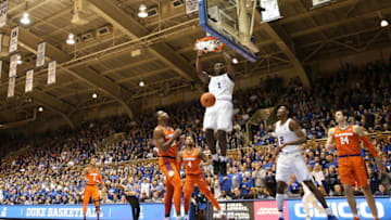 DURHAM, NORTH CAROLINA - JANUARY 05: Zion Williamson #1 of the Duke Blue Devils dunks the ball against the Clemson Tigers during their game at Cameron Indoor Stadium on January 05, 2019 in Durham, North Carolina. (Photo by Streeter Lecka/Getty Images)