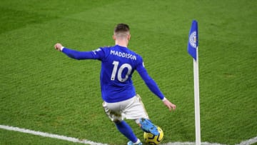 LEICESTER, ENGLAND - JANUARY 11: James Maddison of Leicester City takes a corner during the Premier League match between Leicester City and Southampton FC at The King Power Stadium on January 11, 2020 in Leicester, United Kingdom. (Photo by Michael Regan/Getty Images)