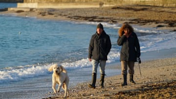 FALMOUTH, ENGLAND - NOVEMBER 05: A couple take their exercise by walking their dog at Gyllyngvase Beach on November 5, 2020 in Falmouth, United Kingdom. England enters second national coronavirus lockdown today. People are still permitted to exercise with one other person, takeaway food is permitted but bars and restaurants are shut for sit-in service. School will remain open but people are being advised to work from home where possible and only undertake necessary travel. All non-essential shops are closed with supermarkets and builders' merchants remaining open. (Photo by Hugh R Hastings/Getty Images)