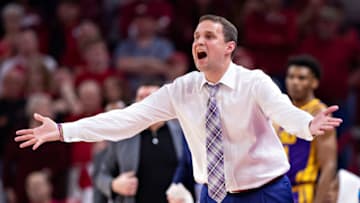 FAYETTEVILLE, AR - MARCH 4: Head Coach Will Wade of the LSU Tigers reacts to a call during a game against the Arkansas Razorbacks at Bud Walton Arena on March 4, 2020 in Fayetteville, Arkansas. The Razorbacks defeated the Tigers 99-90. (Photo by Wesley Hitt/Getty Images)