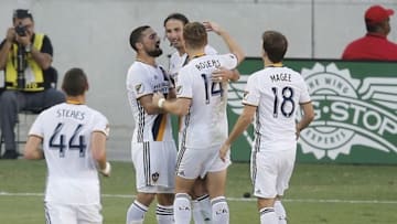 Oct 16, 2016; Houston, TX, USA; Los Angeles Galaxy celebrates forward Alan Gordon (9) celebrates with teammates after scoring a goal against the Houston Dynamo in the second half at BBVA Compass Stadium. Los Angeles Galaxy won 1 to 0. Mandatory Credit: Thomas B. Shea-USA TODAY Sports