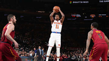 NEW YORK, NY - APRIL 9: Frank Ntilikina #11 of the New York Knicks shoots the ball against the Cleveland Cavaliers on April 9, 2018 at Madison Square Garden in New York City, New York. Copyright 2018 NBAE (Photo by Nathaniel S. Butler/NBAE via Getty Images)