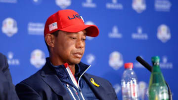 PARIS, FRANCE - SEPTEMBER 30: Tiger Woods of the United States attends a press conference after the singles matches of the 2018 Ryder Cup at Le Golf National on September 30, 2018 in Paris, France. (Photo by Aurelien Meunier/Getty Images)