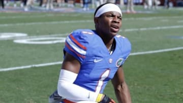 Nov 9, 2013; Gainesville, FL, USA; Florida Gators defensive back Vernon Hargreaves III (1) works out prior to the game against the Vanderbilt Commodores at Ben Hill Griffin Stadium. Mandatory Credit: Kim Klement-USA TODAY Sports
