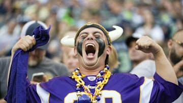 Aug 18, 2016; Seattle, WA, USA; A Minnesota Vikings fan celebrates during the first quarter during a preseason game against the Seattle Seahawks at CenturyLink Field. Mandatory Credit: Troy Wayrynen-USA TODAY Sports