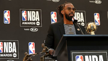 SANTA MONICA, CA - JUNE 24: Mike Conley of the Utah Jazz speaks with the media during a press conference after the 2019 NBA Awards Show at the Barker Hangar on June 24, 2019 in Santa Monica, California. NOTE TO USER: User expressly acknowledges and agrees that, by downloading and/or using this Photograph, user is consenting to the terms and conditions of the Getty Images License Agreement. Mandatory Copyright Notice: Copyright 2019 NBAE (Photo by Will Navarro/NBAE via Getty Images)