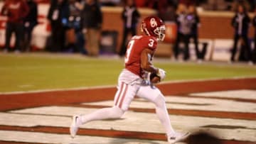 Nov 21, 2015; Norman, OK, USA; Oklahoma Sooners wide receiver Sterling Shepard (3) catches a touchdown against the TCU Horned Frogs during the first quarter at Gaylord Family - Oklahoma Memorial Stadium. Mandatory Credit: Mark D. Smith-USA TODAY Sports