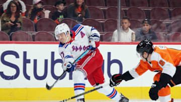 PHILADELPHIA, PENNSYLVANIA - SEPTEMBER 27: Jesper Fast #17 of the New York Rangers takes the first period shot against the Philadelphia Flyers at the Wells Fargo Center on September 27, 2018 in Philadelphia, Pennsylvania. (Photo by Bruce Bennett/Getty Images)