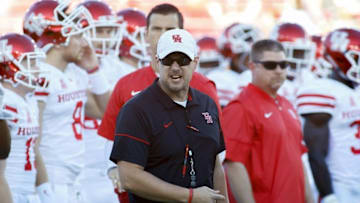 Oct 22, 2016; Dallas, TX, USA; Houston Cougars head coach Tom Herman during warm ups prior to a game against the SMU Mustangs at Gerald J. Ford Stadium. Mandatory Credit: Ray Carlin-USA TODAY Sports