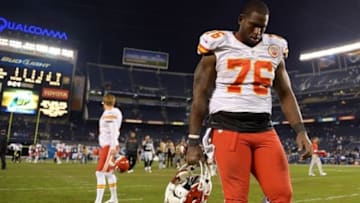 Nov 1, 2012; San Diego, CA, USA; Kansas City Chiefs tackle Branden Albert (76) walks to the locker room after the San Diego Chargers beat the Chiefs 31-13 at Qualcomm Stadium. Mandatory Credit: Jake Roth-USA TODAY Sports