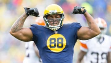 Oct 20, 2013; Green Bay, WI, USA; Green Bay Packers tight end Jermichael Finley (88) during the game against the Cleveland Browns at Lambeau Field. Green Bay won 31-13. Mandatory Credit: Jeff Hanisch-USA TODAY Sports