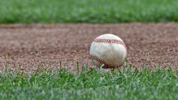 OMAHA, NE - JUNE 26: A general view of a baseball on the field during batting practice before game one of the College World Series Championship Series between the Arkansas Razorbacks and the Oregon State Beavers on June 26, 2018 at TD Ameritrade Park in Omaha, Nebraska. (Photo by Peter Aiken/Getty Images)
