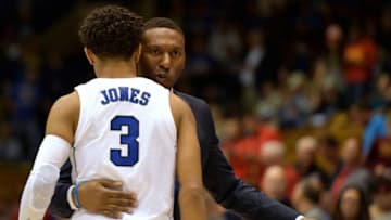 Duke basketball coach Nolan Smith and guard Tre Jones (Photo by Lance King/Getty Images)