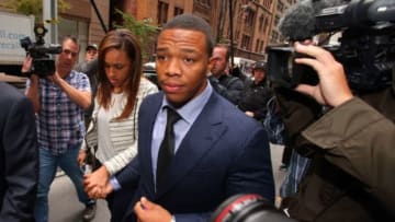 Nov 5, 2014; New York, NY, USA; Suspended NFL running back Ray Rice arrives with his wife, Janay Rice for his appeal hearing on his indefinite suspension from the NFL. Mandatory Credit: Brad Penner-USA TODAY