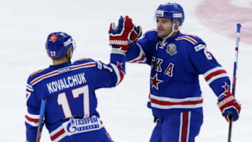 ST PETERSBURG, RUSSIA - SEPTEMBER 13, 2017: SKA St Petersburg's Ilya Kovalchuk (L) and Patrik Hersley celebrate scoring in their 2017/18 KHL Regular Season ice hockey match against Avtomobilist Yekaterinburg at St Petersburgs Ice Palace. Alexander Demianchuk/TASS (Photo by Alexander DemianchukTASS via Getty Images)