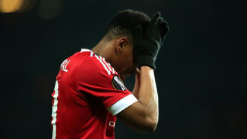MANCHESTER, ENGLAND - MARCH 17: Anthony Martial of Manchester United reacts to a missed chance during the UEFA Europa League Round of 16 Second Leg match between Manchester United and Liverpool at Old Trafford on March 17, 2016 in Manchester, England. (Photo by Matthew Ashton - AMA/Getty Images)
