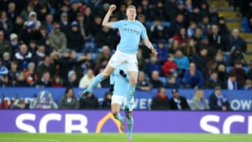 LEICESTER, ENGLAND - NOVEMBER 18: Kevin De Bruyne of Manchester City celebrates after scoring to make it 0-2 during the Premier League match between Leicester City and Manchester City at The King Power Stadium on November 18, 2017 in Leicester, England. (Photo by Plumb Images/Leicester City FC via Getty Images)