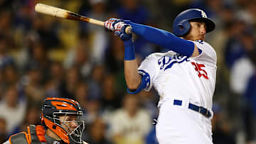 LOS ANGELES, CALIFORNIA - APRIL 02: Cody Bellinger #35 of the Los Angeles Dodgers hits a grand slam against the San Francisco Giants during the third inning at Dodger Stadium on April 02, 2019 in Los Angeles, California. (Photo by Yong Teck Lim/Getty Images)