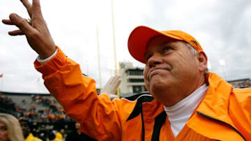 NASHVILLE, TN - NOVEMBER 22: Head coach Phillip Fulmer of the Tennessee Volunteers waves to the fans as he celebrates their 20-10 win over the Vanderbilt Commodores at Vanderbilt Stadium on November 22, 2008 in Nashville, Tennessee. (Photo by Kevin C. Cox/Getty Images)