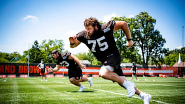 Aug 10, 2020; Cleveland, OH, USA; Cleveland Browns player Joel Bitonio (75) during training camp. Mandatory Credit: Matt Starkey/Cleveland Browns via USA TODAY Sports