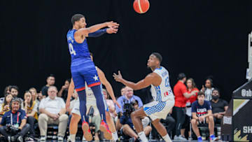 Tyrese Haliburton of USA in action against Thanasis Antetokounmpo of Greece (Photo by Waleed Zein/Anadolu Agency via Getty Images)