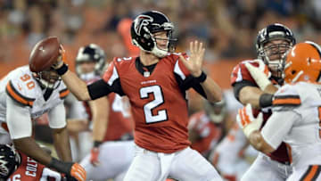 Aug 18, 2016; Cleveland, OH, USA; Atlanta Falcons quarterback Matt Ryan (2) throws a pass during the first quarter against the Cleveland Browns at FirstEnergy Stadium. Mandatory Credit: Ken Blaze-USA TODAY Sports