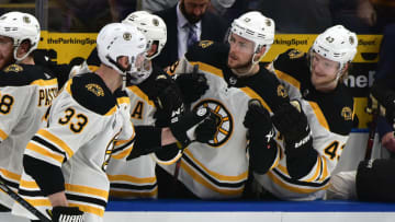 ST. LOUIS, MO - JUN 09: Boston players congratulate Boston Bruins defenseman Zdeno Chara (33) after an empty net goal during Game 6 of the Stanley Cup Final between the Boston Bruins and the St. Louis Blues, on June 09, 2019, at Enterprise Center, St. Louis, Mo. (Photo by Keith Gillett/Icon Sportswire via Getty Images)