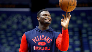 NEW ORLEANS, LOUISIANA - MARCH 27: Zion Williamson #1 of the New Orleans Pelicans stands on the court prior to the start of an NBA game against the Los Angeles Lakers at Smoothie King Center on March 27, 2022 in New Orleans, Louisiana. NOTE TO USER: User expressly acknowledges and agrees that, by downloading and or using this photograph, User is consenting to the terms and conditions of the Getty Images License Agreement. (Photo by Sean Gardner/Getty Images)