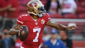 August 26, 2016; Santa Clara, CA, USA; San Francisco 49ers quarterback Colin Kaepernick (7) warms up before the game against the Green Bay Packers at Levi