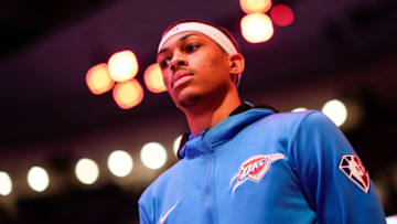 Darius Bazley #7 of the Oklahoma City Thunder looks on during the national anthem before playing the Toronto Raptors in their basketball game at the Scotiabank Arena on December 8, 2021 in Toronto, Ontario, Canada. NOTE TO USER: User expressly acknowledges and agrees that, by downloading and/or using this Photograph, user is consenting to the terms and conditions of the Getty Images License Agreement. (Photo by Mark Blinch/Getty Images)