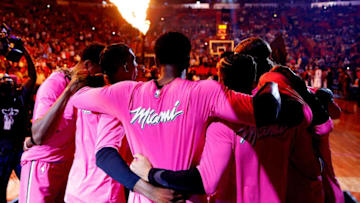 MIAMI, FL - DECEMBER 28: The Miami Heat huddle prior to the game against the Cleveland Cavaliers at American Airlines Arena on December 28, 2018 in Miami, Florida. NOTE TO USER: User expressly acknowledges and agrees that, by downloading and or using this photograph, User is consenting to the terms and conditions of the Getty Images License Agreement. (Photo by Michael Reaves/Getty Images)