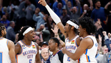 OKC Thunder guard Shai Gilgeous-Alexander (2) celebrates with his team after hitting the game winning shot against the Blazers: Alonzo Adams-USA TODAY Sports