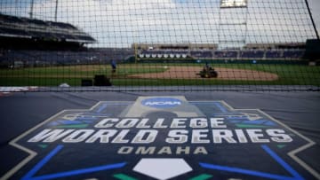 A banner for the College World Series at TD Ameritrade Park in Omaha, Neb. on Monday, June 28, 2021.Mississippi State Vanderbilt Cws