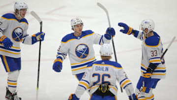 Mar 7, 2021; Uniondale, New York, USA; Buffalo Sabres left wing Jeff Skinner (53) celebrates his goal against the New York Islanders with teammates during the third period at Nassau Veterans Memorial Coliseum. Mandatory Credit: Brad Penner-USA TODAY Sports