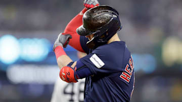 NEW YORK, NEW YORK - JUNE 11: Enrique Hernandez #5 of the Boston Red Sox reacts at first base after hitting an RBI single in the 10th inning against the New York Yankees at Yankee Stadium on June 11, 2023 in the Bronx borough of New York City. (Photo by Jim McIsaac/Getty Images)