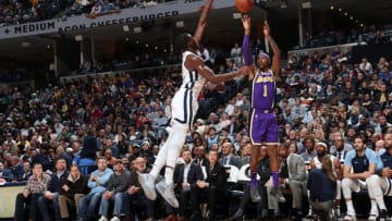 MEMPHIS, TN - DECEMBER 8: Kentavious Caldwell-Pope #1 of the Los Angeles Lakers shoots the ball against the Memphis Grizzlies on December 8, 2018 at FedExForum in Memphis, Tennessee. NOTE TO USER: User expressly acknowledges and agrees that, by downloading and or using this photograph, User is consenting to the terms and conditions of the Getty Images License Agreement. Mandatory Copyright Notice: Copyright 2018 NBAE (Photo by Joe Murphy/NBAE via Getty Images)