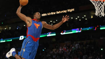 Dwight Howard of the Orlando Magic wearing a Superman Cape in the Sprite Slam-Dunk Contest at the New Orleans Arena during the 2008 NBA All-Star Weekend February 16, 2008 in New Orleans, Louisiana. AFP PHOTO TIMOTHY A. CLARY (Photo credit should read TIMOTHY A. CLARY/AFP via Getty Images)