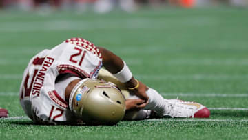 ATLANTA, GA - SEPTEMBER 02: Deondre Francois #12 of the Florida State Seminoles hold his left leg after being injured in the fourth quarter of their game against the Alabama Crimson Tide at Mercedes-Benz Stadium on September 2, 2017 in Atlanta, Georgia. (Photo by Kevin C. Cox/Getty Images)