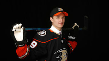 VANCOUVER, BRITISH COLUMBIA - JUNE 21: Trevor Zegras poses for a portrait after being selected ninth overall by the Anaheim Ducks during the first round of the 2019 NHL Draft at Rogers Arena on June 21, 2019 in Vancouver, Canada. (Photo by Kevin Light/Getty Images)