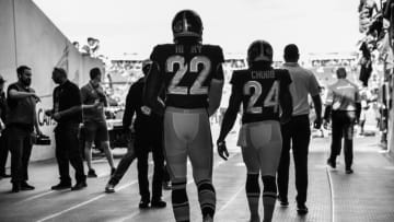 ORLANDO, FLORIDA - JANUARY 26: (EDITORS NOTE: Image has been converted to black and white) Derrick Henry #22 of the Tennessee Titans and Nick Chubb #24 of the Cleveland Browns take the field prior to the 2020 NFL Pro Bowl at Camping World Stadium on January 26, 2020 in Orlando, Florida. (Photo by Mark Brown/Getty Images)